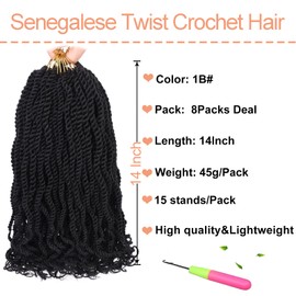Mscat 14 Inch Wavy Senegalese Twist Crochet Hair 8 Pack Synthetic Short Pre Looped Kids Crochet Braids with Curly Ends Pre Twisted Small Havana Twist Braiding Hair for Black Women 1B#