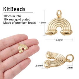KitBeads 10pcs 18K Real Gold Plated Rainbow Charms Brass Rainbow Cloud Charms Weather Theme Mini Brass Rainbow Charms for Jewelry Making Bulk