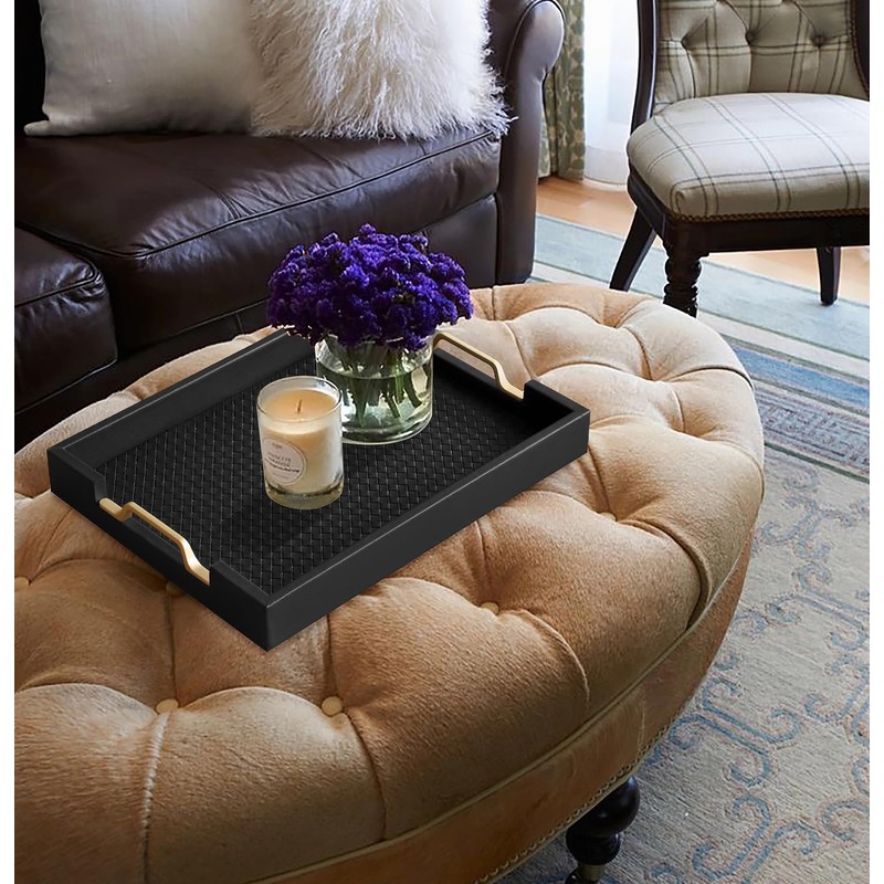 HofferRuffer Faux Leather Rectangle Serving Tray Decor Platter with Gold