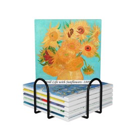 Van Gogh Flowers Drinks Absorbent Coasters with Holder Set of 6, Coffee Table Decor, Ceramic Stone Coaster with Cork Base Tabletop Protection Mat for Mugs and Cups,Office,Kitchen