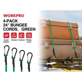 WORKPRO 24 Inch Bungee Cords with Hooks, 4 Pack Superior Rubber Heavy Duty Green