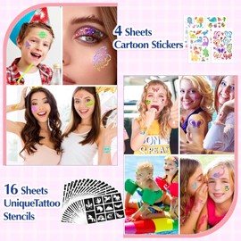 Aottom Kit de Tatuajes Temporales con Purpurina para Niños: 220 Plantillas, Más de 70 Pegatinas Infantiles, 36 Colores de Purpurina, 3 Pegamentos, 5 Pinceles. Ideal para Fiestas, Maquillaje Y Como Reg