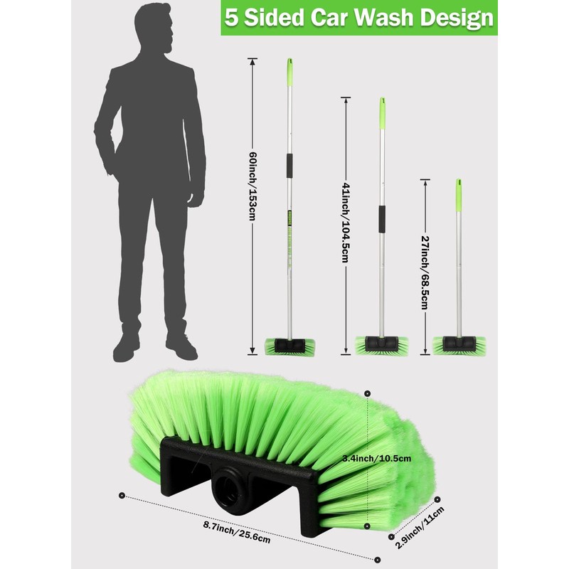 Jisejima Five-Sided Car Wash Brush with Long Handle，Soft Bristle Scrub