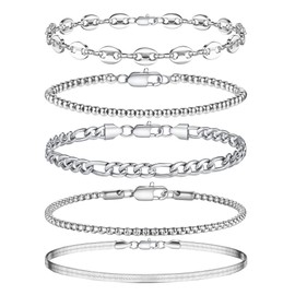 TINGN Men's Bracelet 316L Stainless Steel Bracelets Cuban Link Rope Figaro Chain Bracelet Set Jewellery Gift for Men Him Father Boyfriend Husband, Stainless Steel