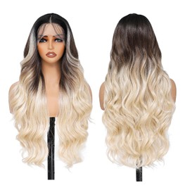 FABÉLLE Soft Blonde Lace Wig 20 Inch with Waves Baby Hair for Women Pre Stretched Synthetic Lace Wig with Black Roots 13x4x1 Density
