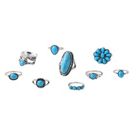 Bohemian Western Turquoise Oval Geometric Stackable Rings Set Midi Crystal Gemstone Knuckle Flower Carved for Women Holiday Beach Summer Boho Jewelry-F
