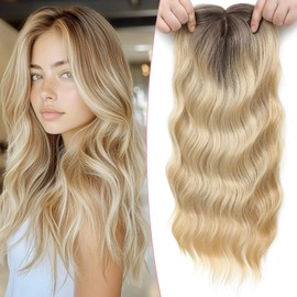 Lasunork Hair Toppers for Women Wavy Curly Hair Topper Hand-Tied Lace Clip in Fringe (Ombre Dark Root to Blonde)