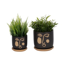 Sagebrook Home Set of 2 5/6" Funky Face Planter with Saucer, Black, Round, Contemporary, 6" L X 6" W X 5.75" H, Abstract