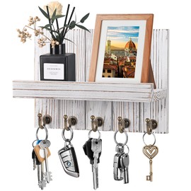 Kldgris Wall Keychain, Wall Keyring, Entrance Key Holder, Multi-Function Wooden Key Holder with 5 Key Hooks for Entrance, Kitchen, Office (Old White)
