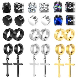 SIISPRI Huggie Earrings for Men Women,12 Pairs Unisex Surgical Stainless Steel Hypoallergenic Non Pierced Earrings for Men Women CZ Clip on Dangle Earrings Set (A: 12 Pairs Clip On Set)