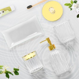 Bathroom Accessories Set, 4 Pcs Clear Glass Bathroom Accessories, Bathroom Set W/Toothbrush Holder, Lotion Soap Dispenser, Cotton Swab Jar, Vanity Tray, Modern Bathroom Decor, Perfect Decorating Idea