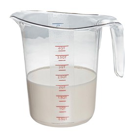 Restaurantware RW Base 4 Quart Measuring Jar 1 Durable Measuring Beaker - Metric And Imperial Units V-Shaped Spout Clear Plastic Measuring Cup Handle With Thumb-Grip Tolerates Up To 248F