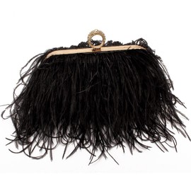 Women Real Natural Ostrich Feather Evening Bags Purses Clutch Vintage Banquet Handbag (black)
