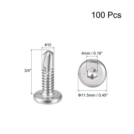 uxcell Hex Socket Self Tapping Screws, #10 x 3/4" 410 Stainless Steel Sheet Metal Flat Head Drilling Screw 100pcs, Silver