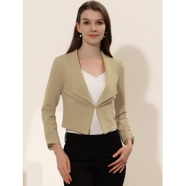 Allegra K Women's Work Office Cropped Blazer Notched Lapel Long Sleeve Open Front Short Jacket Khaki Medium
