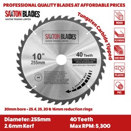 TCT25540T Saxton TCT Circular Wood Saw Blade 255mm x 30mm Bore x 40T for Bosch Makita Dewalt