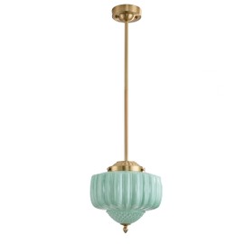 Schoolhouse Pendant Light, 12" Brass Gold Schoolhouse Ceiling Light Fixture with Mint Green Milk Glass Shade, Adjustable Height, Mid Century Modern Pendant Lighting for Kitchen Island Dining Room