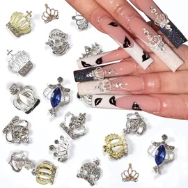 YOSOMK 32pcs Crown Nail Charms 3D Gold Sliver Nail Art Supplies 16 Styles Clear Crystals Crown Nail Decoration with Nail Rhinestones Gems Jewelry for Women and Girls Nail DIY Design