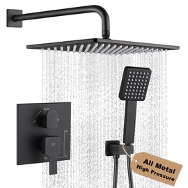 POP SANITARYWARE Matte Black Shower Faucet Set Rainfall 12 Inch Shower Head and Handle Set Bathroom Rain Shower System Wall Mounted Shower Fixture Include Shower Valve and Trim Kit