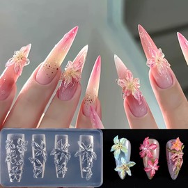 MOLILON 3Pcs Silicone Nail Art Molds with White Press Pen, 3D Flowers Nails Molds - Lily Floral Design for Resin/Gel Nail Art, Transparent Reusable Mold for Women DIY Manicure Salon & Home Use