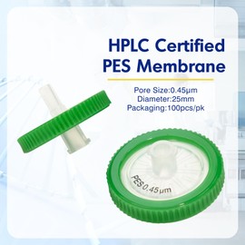 Pack of 100 PES Syringe Filters 0.45 μm Pore Size, 25 mm Membrane Diameter, Laboratory Syringe Filter, HPLC and GC Syringe Filter, Green (Barrels Packed)