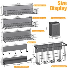 Magnetic Spice Rack for Refrigerator, 7 Pack Metal Magnetic Shelf, Moveable Magnetic Storage Fridge Organizer, Spice Organizer, Hook Rack, Paper Towel Holder, Utensils and Cutting Board Holder, Grey