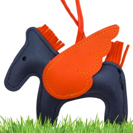 Pegasus Keychain, Horse Keychain, Pony, Animal Keyring, PU Leather Animal Lover Gift for Women Girl Teen (Navy-Orange)