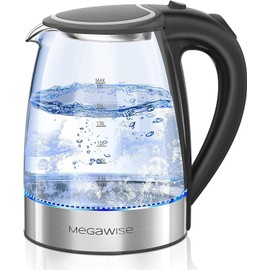 Megawise Electric Glass Kettle with Auto Shut-Off, 1.8L Capacity, 1000W Fast Boil, BPA-Free, Stainless Steel Inner Lid & Base, Blue LED Indicator, Easy Clean, Cord Storage