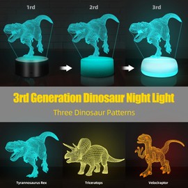 JURHHOEN Dinosaur Night Light, Night Light for Kids – Third-Generation 3D Acrylic Night Light, 16 Color Changing Lamp with 3 Dino Patterns Remote Control, Boys and Girls Gift for Birthday Christmas