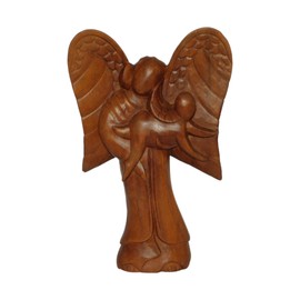Brave Wings Hand Carved Wooden Decoration ~ Angel and Baby Angel 30cm High ~ Ornament Sculpture Figurine Statue Unique Table Decoration Home Decor ~ 5192