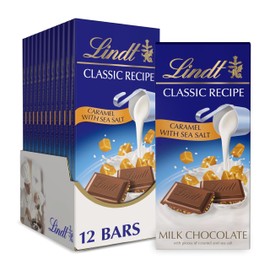 Lindt CLASSIC RECIPE Caramel with Sea Salt Milk Chocolate Bar, Milk Chocolate Candy with Pieces of Caramel and Sea Salt, 4.4 oz. (12 Pack)