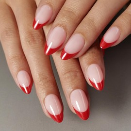 CUZIAM Red French Tip Press on Nails Short Almond, Soft Gel Glossy Red Stick on Nails, Reusable Natural Fall Halloween Glue on Nails Valentine's Day False Fake Nails Kit for Women,32Pcs 16 Sizes