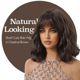 Macodio Wavy Bob Wig with Bangs for Women – 12 Inches Dark Brown Short Curly Synthetic Wig, Natural Looking Heat Resistant Daily Cosplay Party Wig