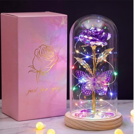 Purple Galaxy Rose in Clear Dome with Butterfly and LED Lights, Eternal Flower for Birthday Anniversary Wedding Valentines for Women Wife Girlfriend Mom Sister