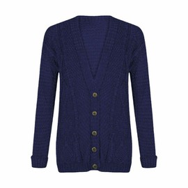 LUXFAB Womens Long Sleeve Button Top Cardigan Chunky Aran Cable Knit Grandad Style Sweater Everyday Casual Warm Knitted Ladies Cardigan UK Sizes 8-26 Navy