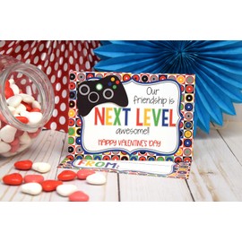 Next Level Friend Video Game Themed Valentine's Day Cards for Kids to give to Friends & Classmates, Thirty (30) 3.5" x 5" Fill In Cards (Without Envelopes) by AmandaCreation