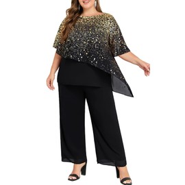 Hanna Nikole Chiffon Pant Suits for Wedding Plus Size 2 Pieces Mother of The Bride Pant Suits with Sleeves Black 4X