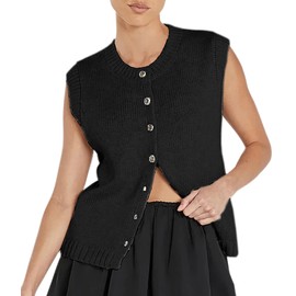 Cioatin Women Summer Knit Sweater Vest 2024 Sleeveless Button Down Loose Cardigan Tank Shirt Top Going Out Outfits Teen Black