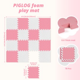 16Pcs Baby Play Mat for Floor, Foam Floor Tiles for Kids with Interlocking, Squares Foam Puzzle Carpet for Playroom, Crawling Rug for Babies 6-12 Months,Toddlers,11.8*11.8*0.6In Each,Grey White Pink