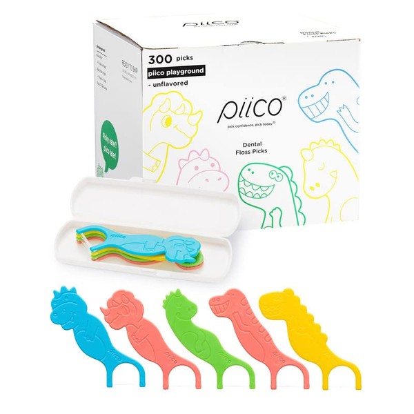 Piico Unflavored Kids Floss - No Fluoride Dual Line Dental Floss Picks - Fun Oral Care in Colorful Floss Sticks Design - Flossers Prevent Tooth Decay & Gum Disease - 300 Playground Dino & Travel Case