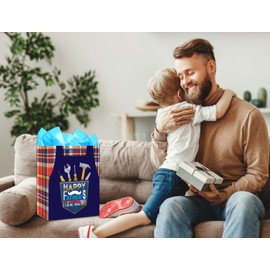 WhatSign Happy Fathers Day Gift Bags with Tissue Paper 13"I Love Dad Fathers Day Paper Gift Bags with Handles Fathers Day Gift Bag for Dad from Daughter Son Kids Fathers Day Party Favor Gift Wrap Bags