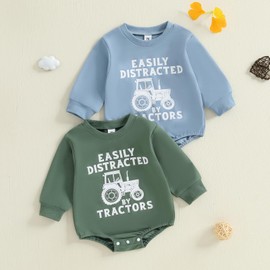 XIXIMAON Infant Baby Boy Autumn Clothes Letter Farm Tractor Print Bubble Rompers Long Sleeve Crew Neck Bodysuits Newborn Winter Outfit Boys Jumpsuit (Green, 12-18 Months)