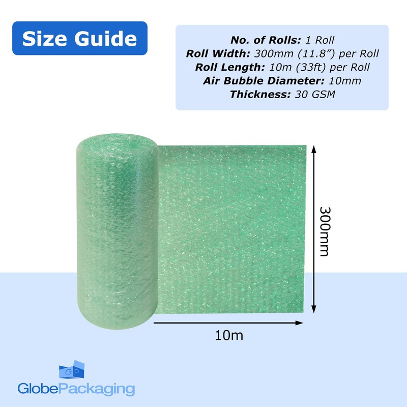 Globe Packaging 300mm x 10m Mini Green Biodegradable Bubble Wrap