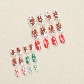 Christmas Press on Nails Short 24Pcs Artificial Short Oval Fake Nails for Winter Glossy Xmas Cute False Nails with Gingerbread Man Snowflake Designs Full Cover Glue Stick on Nails for Women Girls