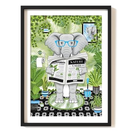 Parmaro Elephant Reading Newpaper Bathroom Print, Elephant Toilet Print, A4 UNFRAMED Print, Animal Bathroom Print, Green Botanical Print, Tropical Bathroom Decor