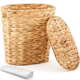 Ctosree Small Wicker Trash Can Woven Wicker Bathroom Waste Basket with Lid Handle Boho Trash Basket with 100 Plastic Garbage Bags for Bedroom Office Laundry(3 Gallons,Oval Style)