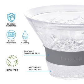 luxail Martini Glasses, Plastic Reusable Insulated Freeze Martini Cups, Gel Chiller, Double Wall Stemless Martini Glasses Set of 4, Grey, 9 Oz Capacity, Martini Gifts, 4 Reusable Cocktail Straws