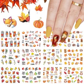 Autumn Nail Art Stickers Thanksgiving Water Transfer Nail Stickers Maple Leaves Mushroom Pumpkin Stickers Nail Art Supplies Holiday Nail Decals Designs for Women Acrylic Nail Decoration 12 Sheets