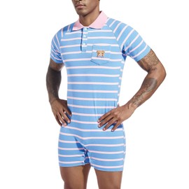 Landofgenie Mens Short Sleeve Romper Onesie One Piece Stripe Pajamas with Polo Collar Blue S