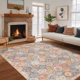 Kokia Trellis Moroccan 9x12 Washable Area Rugs Orange, Oriental Rug for Living Room, Soft Non-Slip Foldable Rugs for Bedroom Dining Room